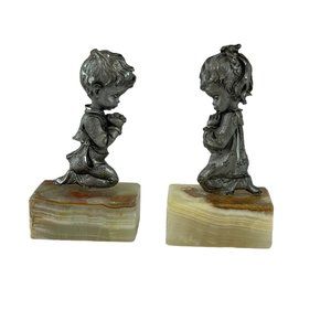 Peltro Inciso A Mano Pewter Praying Children on Marble Base 3.5 Inch Boy Girl